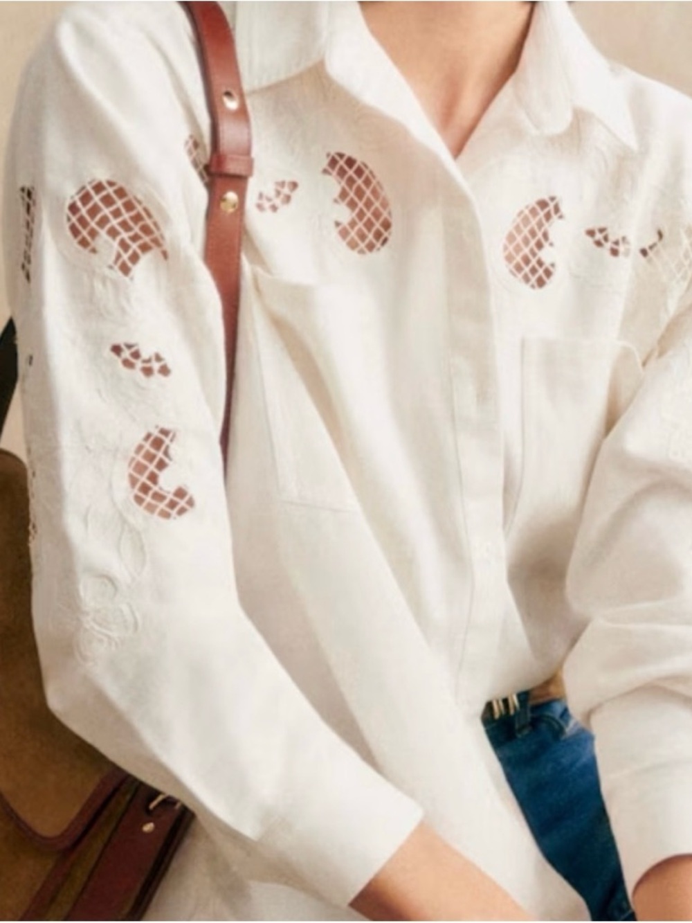 Sezane White Embroidered Button-Down Pocket Blouse